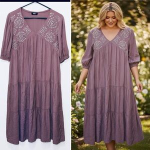 Mauve Rayon Blend Embroidered Dress Boho Tiered